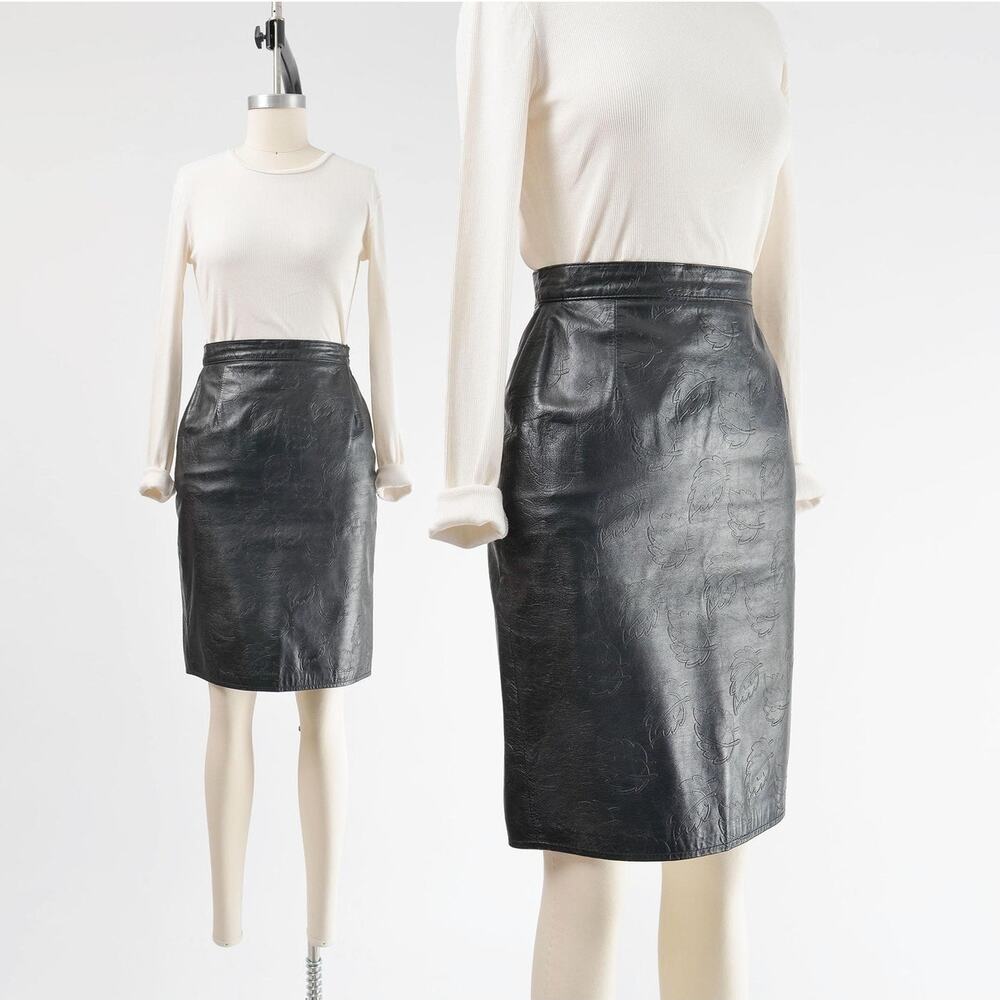 Vintage 80s Black Leather Leaf Embossed High Waisted Moto Wiggle Pencil Skirt XS